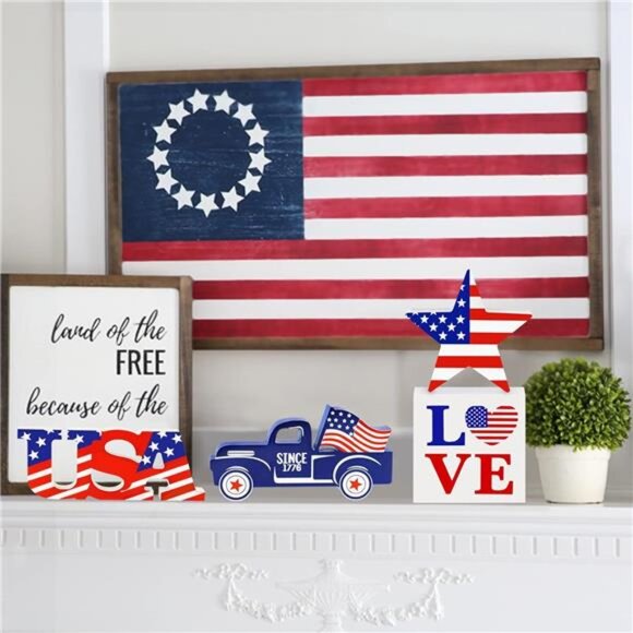 4-Piece Wooden Patriotic Decor Set – USA, LOVE, Star & Car Signs - Picture 6 of 7
